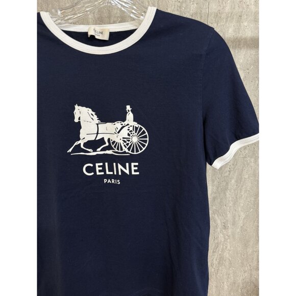 Celine Paris Navy Blue T-Shirt With White Horse & Carriage Graphic Logo Short Sl - Picture 8 of 11